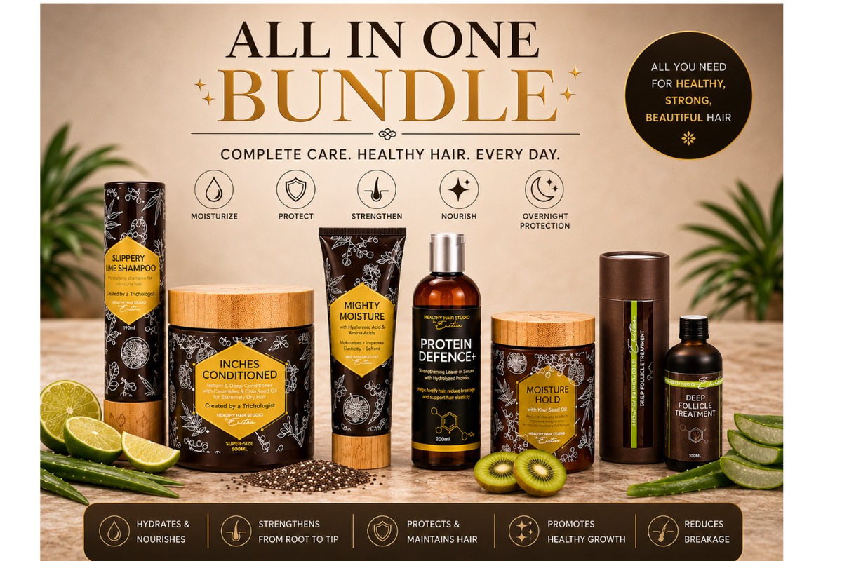 shampoo, conditioner, hair mask, protein defender, and hair growth serum